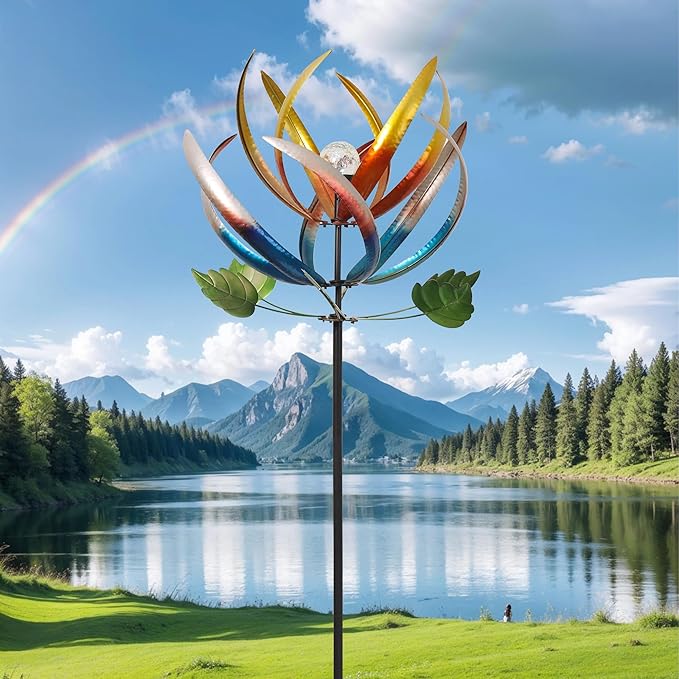 Wind Spinners for Yard and Garden, Solar Lighted Metal Wind Spinner, Large Kinetic Garden Sculptures (Colorful)