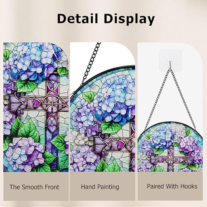 Suncatcher Stained Glass Window Hanging - Cross Glass Panel with Metal Chain and Hooks Handmade Sun Catcher Decoration for Window Garden Home Christmas & Birthday Gifts