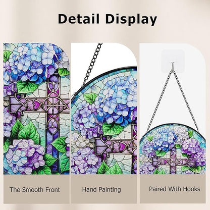 Suncatcher Stained Glass Window Hanging - Cross Glass Panel with Metal Chain and Hooks Handmade Sun Catcher Decoration for Window Garden Home Christmas & Birthday Gifts
