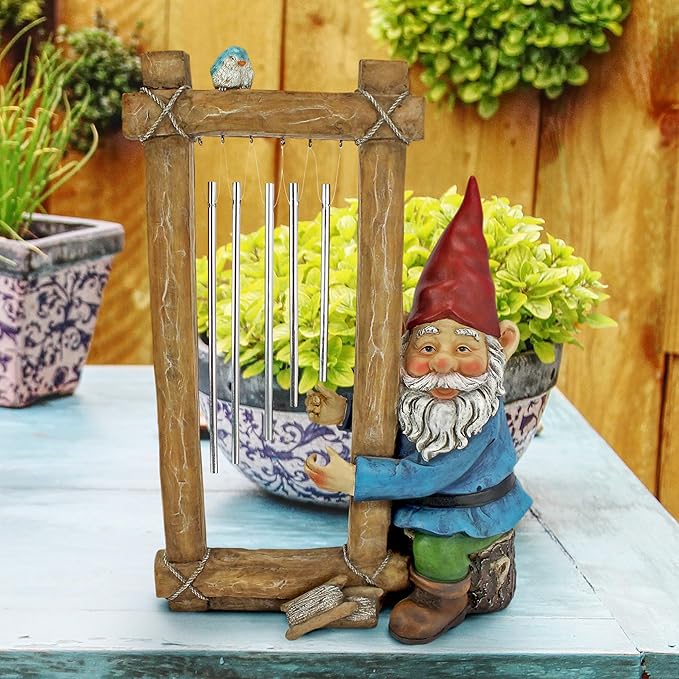 Design Toscano HF5152401 Garden Gnome Statue - Ringing His Chimes Garden Gnome - Lawn Gnome,full color