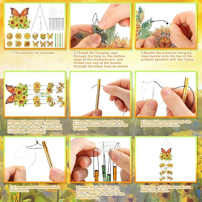 GlikCeil Diamond Art Wind Chimes 3D Sunflower Butterfly DIY Diamond Art Kits Painting Suncatcher Wind Chime with Double Sided Crystal Hanging Ornament for Garden Decor(Sunflower Butterfly)