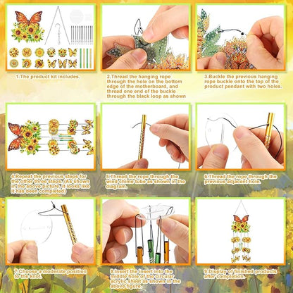GlikCeil Diamond Art Wind Chimes 3D Sunflower Butterfly DIY Diamond Art Kits Painting Suncatcher Wind Chime with Double Sided Crystal Hanging Ornament for Garden Decor(Sunflower Butterfly)