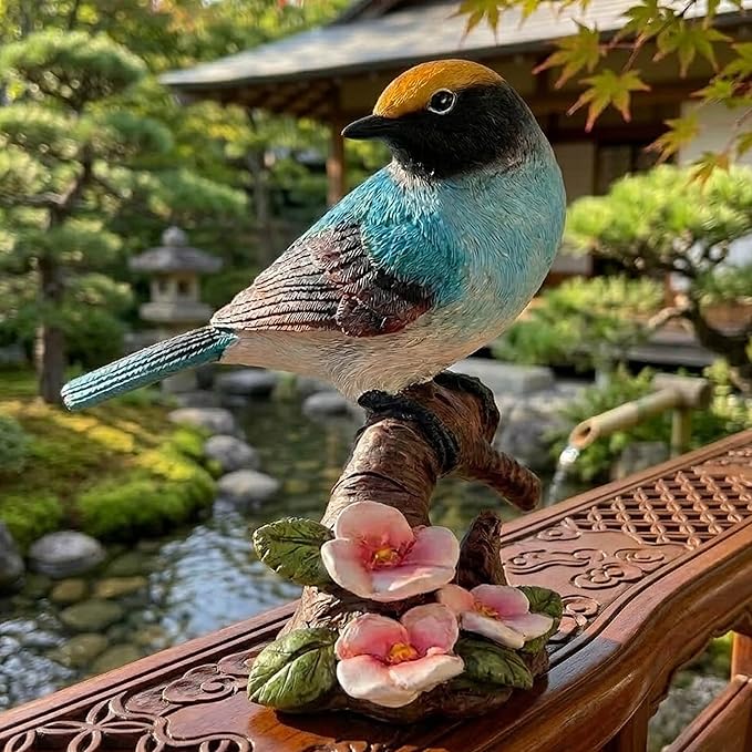 Garden Bird Statue for Outdoor Decor, Blue Bird Figurine Perched on Branch with Pink Flowers for Backyard Yard Patio, Bird Decorations for Home Shelf, Mother's Day Birthday Gifts