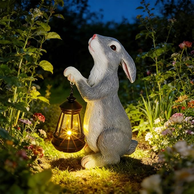 11.8 Inch Bunny Solar Garden Statue, Easter Rabbit Figurine with Glowing Lantern, Handcrafted Resin Outdoor Decor for Patio, Balcony, Yard, Gift for Women, Housewarming, Birthday, Easter Party Decor