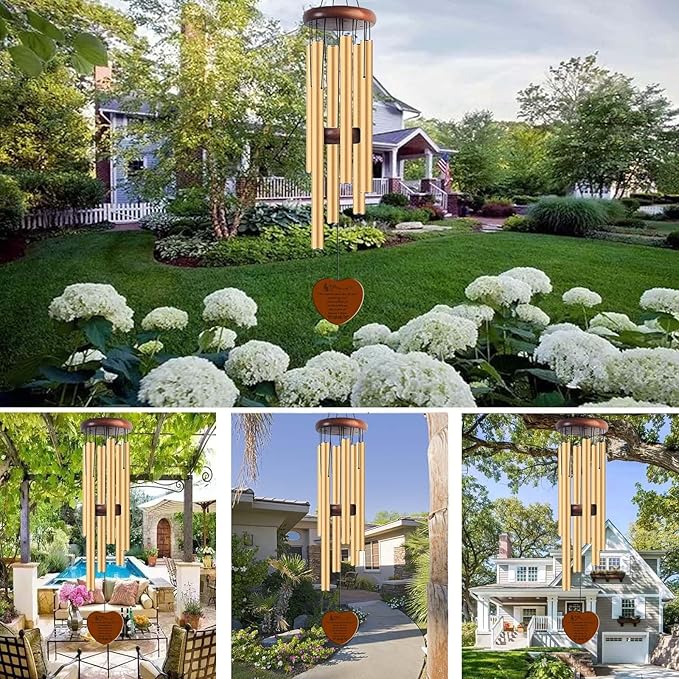 Healing Wind Chimes for Outdoor Garden, Large Memorial Musical Chimes with Heart Pendant, Gold Aluminum Tubes