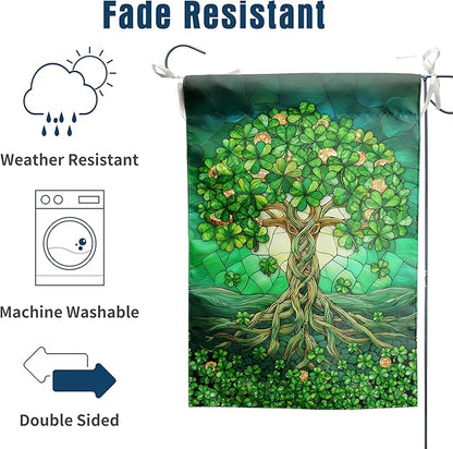 St Patricks Day House Flags 28 x 40 Double Sided Outside Shamrock Clover Tree Life Garden Decor Welcome Holiday Yard Signs for Saint Patrick Spring Outdoor Decorative