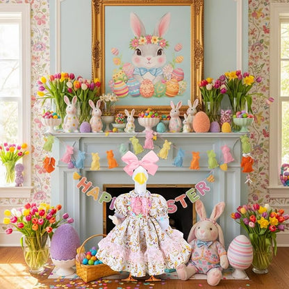 Abbylike 1 Set Easter Bunny Porch Goose Outfit Rabbit Yard Goose Costume Clothes with Bow Headband Fits Large 23'' H Cement for Easter Day Outdoor Patio Garden Lawn Pathway Spring Statue Decor
