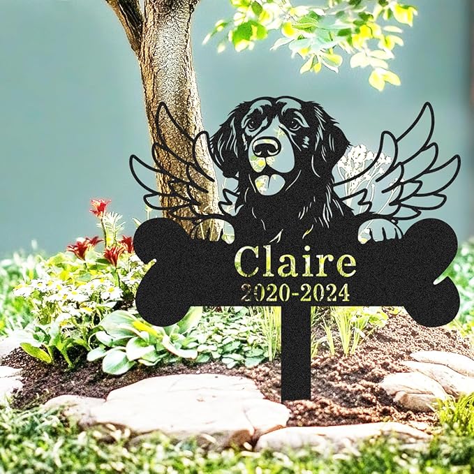 Custom Golden Retriever Memorial Grave Marker, Personalized Angel Wing Dog Memorial Stake Bone Marker, Customized Metal Memorial Plaque for Dog Cemetery Grave Garden Yard Remembrance Stake