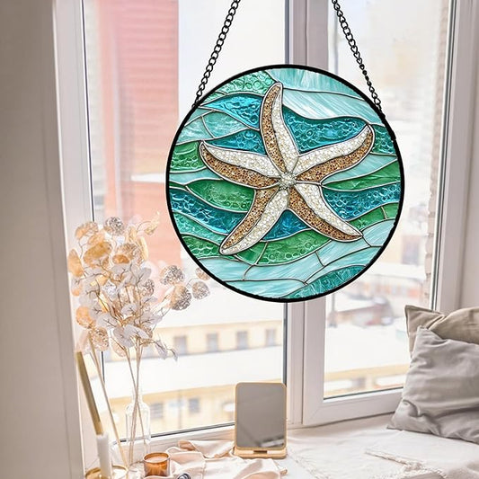 DASTOLL Stained Glass Window Hanging Teal Sea Waves Starfish 7.8" - Suncatcher Door Garden Sun Catcher Home Decor Birthday Mother's Day for Mom Men Woman Parents Her Child Nana