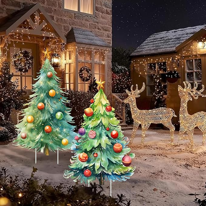 Geelin 2 Pcs Large Christmas Tree Sign Yard with Stake 2.62 ft Vintage Patio Lawn Decoration Outdoor Christmas Party Favor Ornament Garden Sign for Party Supplies(Watercolor Trees)