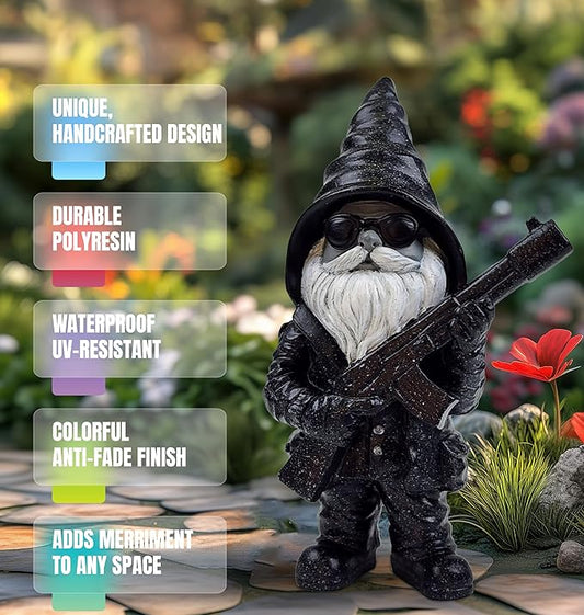Better Office Products Garden Gnome Statue, 8" Height, Handcrafted Waterproof, UV-Resistant Polyresin Lawn Patio Porch Ornament Decoration (Stone Cold Hitman)