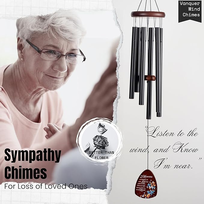 Memorial Wind Chimes for Loss of Loved One, Windchimes in Memory of a Loved One, Sympathy Gift Baskets, Bereavement Condolence Gifts, Memorial Gifts for Loss of Mom, 32" Sympathy Butterfly, Black
