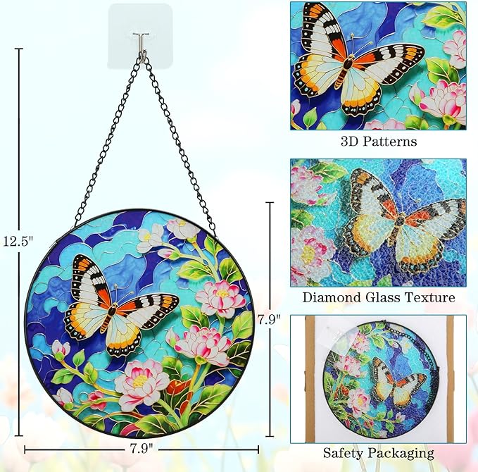 8inch Stained Glass Suncatcher, Butterfly Stained Glass Window Hanging Sun Catchers Ornaments for Indoor Windows Wall Garden Kitchen Home Decor Gifts for Women Birthday Mother's Day Religious Easter