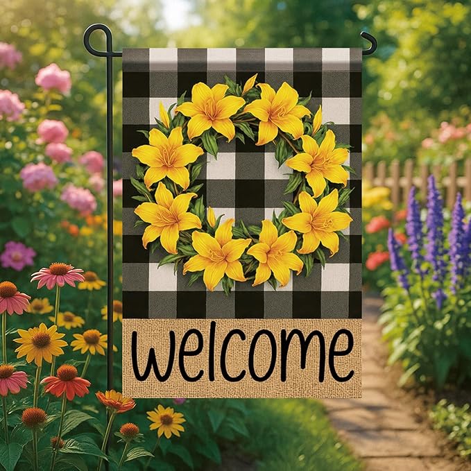 Buffalo Plaid Welcome Wreath Garden Flag Lily Flower Flag 12x 18 Inch Double Sided Spring Outdoor Fall Autumn Farmhouse Outdoor Small Decor for Porch Lawn Patio Yard