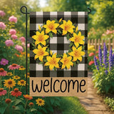 Buffalo Plaid Welcome Wreath Garden Flag Lily Flower Flag 12x 18 Inch Double Sided Spring Outdoor Fall Autumn Farmhouse Outdoor Small Decor for Porch Lawn Patio Yard