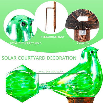 Solar Bird Garden Stake Lights - Hand Blown Glass Decorative Garden Pathway Lights Outdoor Waterproof Bird Glass Stakes (Green)