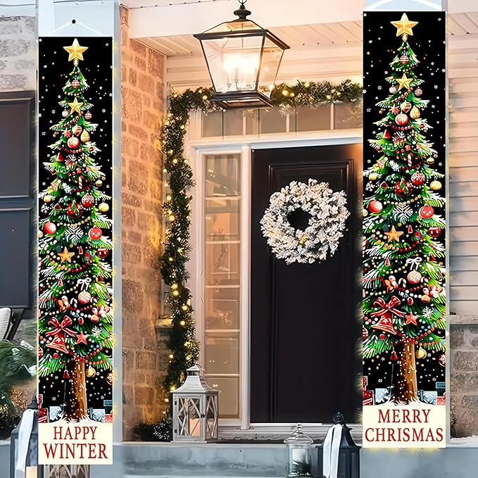 BlissYard Xmas Tree Banner Happy Winter Christmas Door Banner Holiday Wall Hanging Decoration with Red Green Gold Ornament Design Vertical Door Entryway Banner for Indoor Outdoor Seasonal Home Decor