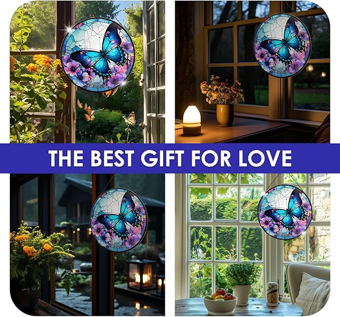 Butterfly Stained Glass Window Hanging - 7.9'' Handmade Sun Catcher Floral Garden Decor, Colorful Glass Panel Crystal Butterfly Wall Art for Home Windows - Birthday Gifts for Women, Mom, Nature Lovers