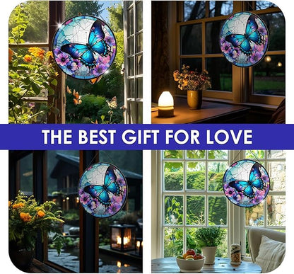 Butterfly Stained Glass Window Hanging - 7.9'' Handmade Sun Catcher Floral Garden Decor, Colorful Glass Panel Crystal Butterfly Wall Art for Home Windows - Birthday Gifts for Women, Mom, Nature Lovers