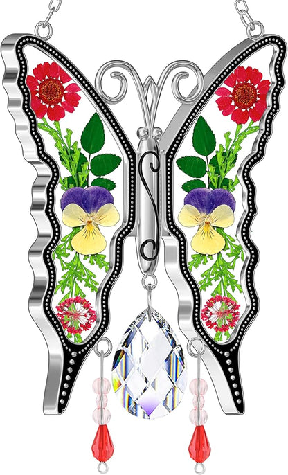 KY&BOSAM Crystal Butterfly Suncatchers Stained Glass Sun Catcher for Window Haning Wind Chime with Dried Flowers and Colorful Rainbow Prisms Charms for Mom Birthday Christmas Decor