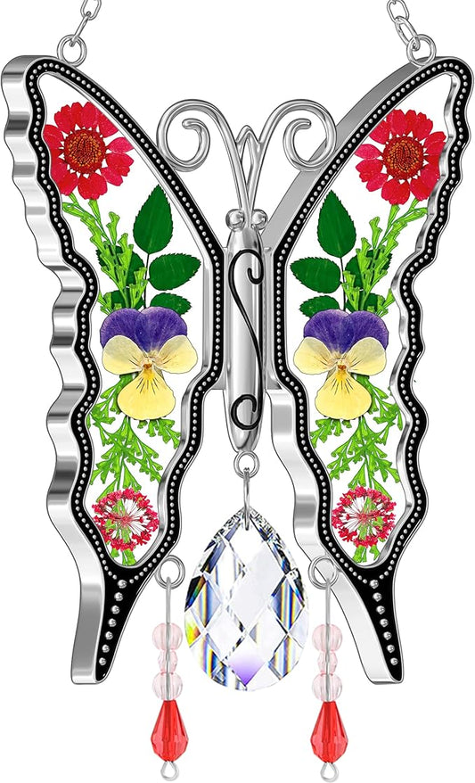 KY&BOSAM Crystal Butterfly Suncatchers Stained Glass Sun Catcher for Window Haning Wind Chime with Dried Flowers and Colorful Rainbow Prisms Charms for Mom Birthday Christmas Decor