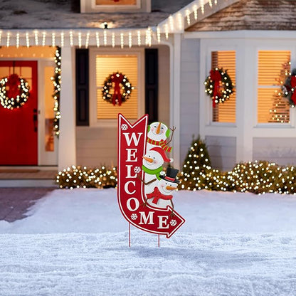 Glitzhome Christmas Welcome Yard Stake, 35.75 Inch Snowmen with Red Arrow Sign, Metal Outdoor Holiday Decor for Lawn, Garden, Porch, Easy Assembly Iron Wall or Ground Decoration