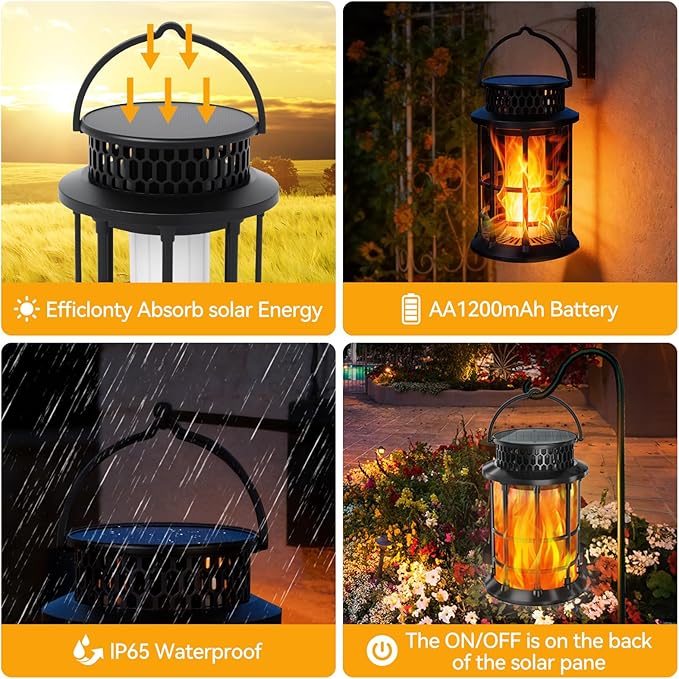 ELUTENG Solar Lantern Outdoor Waterproof Flickering Flame Hanging Lantern, 1200mAh Solar Torch Lights for Patio | Pathway | Yard | Outside Decor