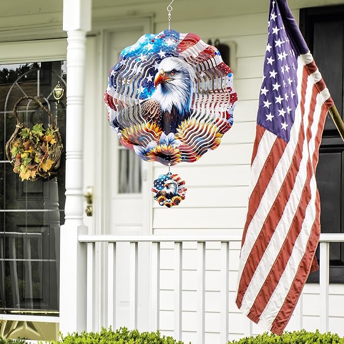 American Eagle Wind Spinner - 3D Stainless Steel Wind Spinners Outdoor Patriotic Decor Kinetic Spinning Decoration 12 Inch 250 Anniversary Hanging Ornaments for Patio Lawn Garden Yard Balcony