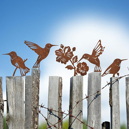5PCS Rusty Hummingbird Decorations, Outdoor Bird Wall Decor, Metal Birds Yard Decor, Metal Birds Craft Statue Ornaments - Garden Sculptures and Yard Art, Fence Decorations for Outdoor Use