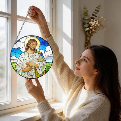 Stained Glass Window Hanging 7.9'' Jesus and Sheep Sun Catchers Stained Glass Suncatcher for Windows He is Risen Resurrection of Jesus Gift for Religious Christian Gifts Home Decor