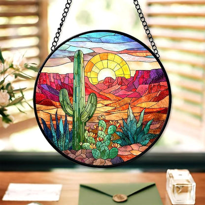 7.8" Cactus Suncatcher Stained Glass Window Hanging Green Plant Sun Catchers Desert Landscape Ornament Wall Art Door Terrace Garden Home Decor Birthday for Women Men Mom