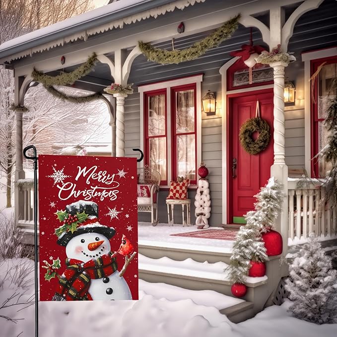 Snowman Merry Christmas Garden Flag Winter Yard Flags Red Xmas Snowman Garden Outdoor Decorations for Outside Small Xmas Flag Double Sided 12 x 18