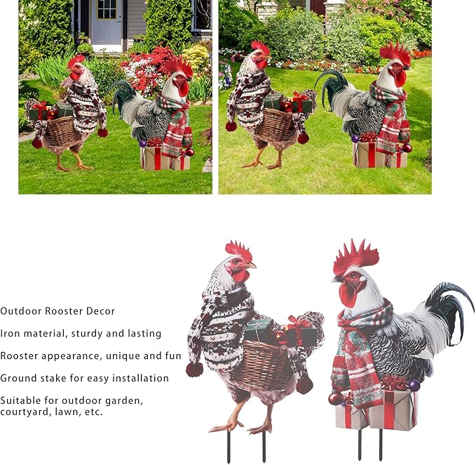 FILFEEL Metal Rooster Statue Ground Stake Iron Art Chicken Ornament for Lawn Garden Festival Decoration