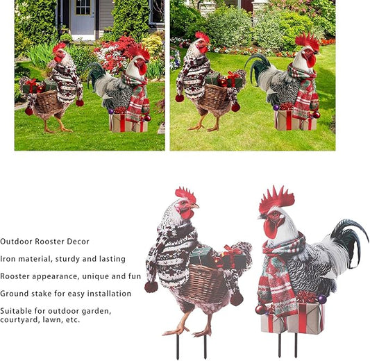 FILFEEL Metal Rooster Statue Ground Stake Iron Art Chicken Ornament for Lawn Garden Festival Decoration