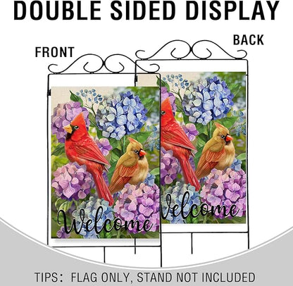 Artofy Welcome Summer Cardinal Red Birds Large Decorative House Flag, Hydrangea Flowers Yard Garden Outside Decor, Spring Floral Burlap Outdoor Home Decoration Double Sided 28 x 40