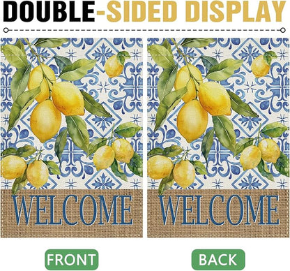 Dyrenson Welcome Italian Capri Blue Lemon Decorative Garden Flag, Amalfi Coast Citrus Italy Tile Pattern Yard Outside Home Decoration, Summer Mediterranean Outdoor Small Decor Double Sided 12 x 18