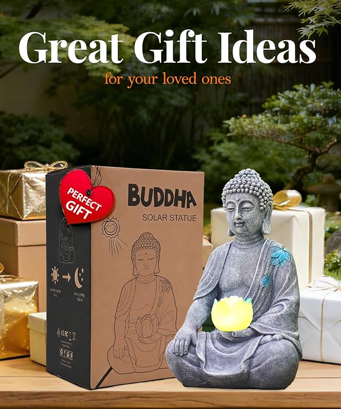 Nacome Solar Buddha Garden Statue Decor: Resin Zen Decor Waterproof Sitting Figurine with Lotus Flower Light Design for Outside Patio Lawn Yard Balcony - 8.3 inches(Grey)