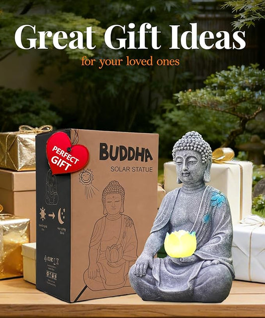 Nacome Solar Buddha Garden Statue Decor: Resin Zen Decor Waterproof Sitting Figurine with Lotus Flower Light Design for Outside Patio Lawn Yard Balcony - 8.3 inches(Grey)