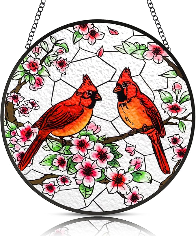 Stained Glass Window Hanging, Cardinal Sun Catchers Colorful Glass Panel Bird Suncatcher Indoor Window Wall Art Home Decor Gift for Birthday Christmas, for Women,Men,Wife, Lovers, and Mom 6.3 in