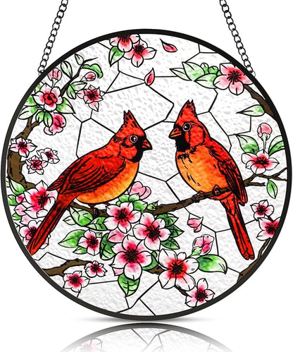Stained Glass Window Hanging, Cardinal Sun Catchers Colorful Glass Panel Bird Suncatcher Indoor Window Wall Art Home Decor Gift for Birthday Christmas, for Women,Men,Wife, Lovers, and Mom 6.3 in