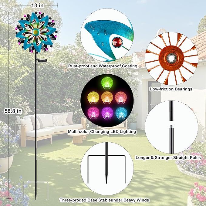 Solar Wind Spinners Outdoor - 58.8 inch Large Metal Kinetic Art Wind Sculptures Solar-Powered Multi-Color Lights Glass Ball with 360° Swivel Waterproof Windmill for Yard Garden Patio Lawn Decor
