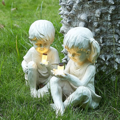 Large Garden Children Statues Light Up Firefly Jar Solar Powered | Set of 2 Figurines | Girl & Boy Garden Yard Art Décor, Indoor & Outdoor Ornament Gifts for Lawn, Patio , 7.5" W x11. 8”H Cream Gift