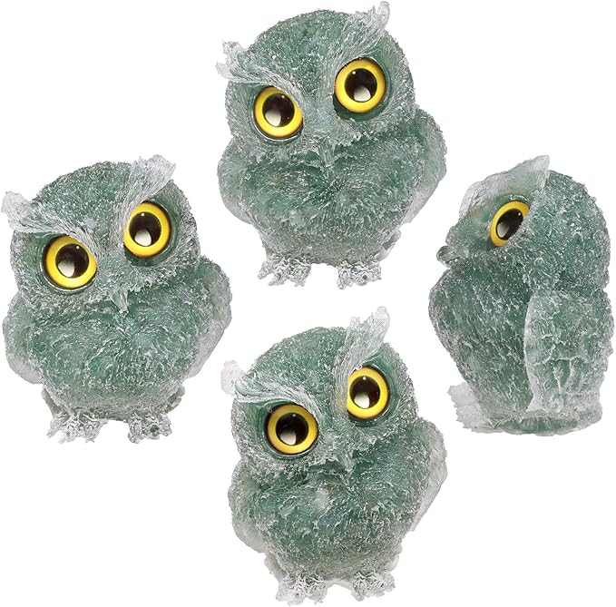 Nupuyai 3 inches Orgone Resin Crystal Chips Tumbled Stone Owl Statue, Mini Hand Carved Stone Crystal Animal Figurines for Tabletop Indoor Outdoor, Green Aventurine