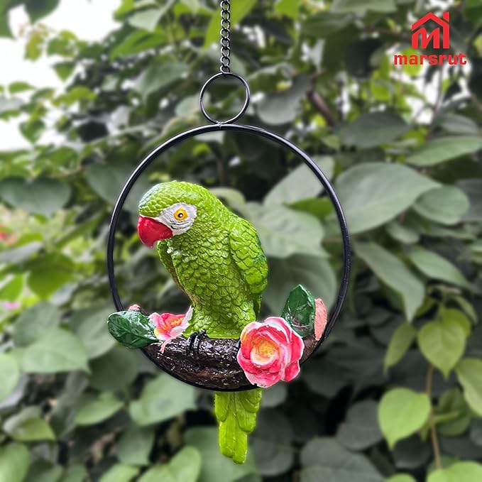 1PC Hanging Parrots for Patio Decor Outdoor, Perching On Branch Bird Figurine Statue, Metal Tropical Animal Model Sculpture with Round Ring for Nature Lovers DIY Lawn Natural Garden Tree Patio Home