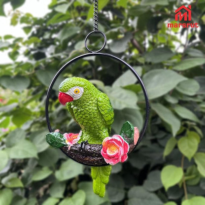 1PC Hanging Parrots for Patio Decor Outdoor, Perching On Branch Bird Figurine Statue, Metal Tropical Animal Model Sculpture with Round Ring for Nature Lovers DIY Lawn Natural Garden Tree Patio Home