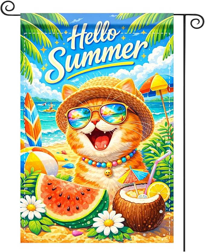 Nuxovilar Hello Summer Garden Flag Polyester 12x18 Inches Garden Flags for Outside Coastal Outdoor Decor Yard Porch Lawn (Beach Cat & Coconut Pattern)