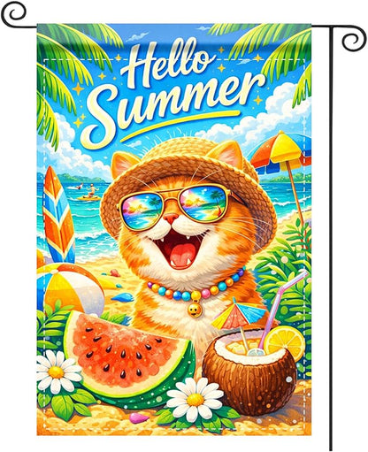Nuxovilar Hello Summer Garden Flag Polyester 12x18 Inches Garden Flags for Outside Coastal Outdoor Decor Yard Porch Lawn (Beach Cat & Coconut Pattern)