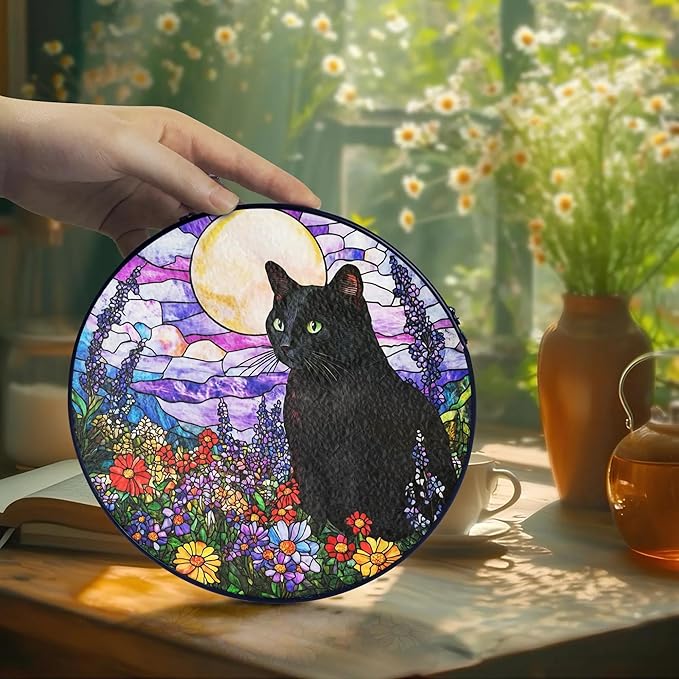 Black Cat Stained Glass Suncatcher – Cat Wild Floral Window Hanging Decor, Cats Memorial Gifts, Pet Loss Sympathy Gift for Pet Lovers, Home & Garden Decoration, Birthday, Christmas, Mother's Day