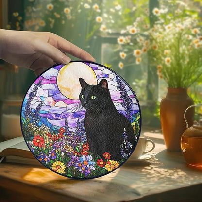 Black Cat Stained Glass Suncatcher – Cat Wild Floral Window Hanging Decor, Cats Memorial Gifts, Pet Loss Sympathy Gift for Pet Lovers, Home & Garden Decoration, Birthday, Christmas, Mother's Day