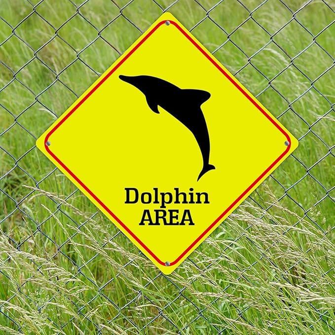 Warning Dolphin Area Aluminum Metal Sign Ocean Animal Caution Crossing Xing Street Sign Yellow Diamond Shape Funny Metal Sign For Indoor Outdoor Highway15x15in